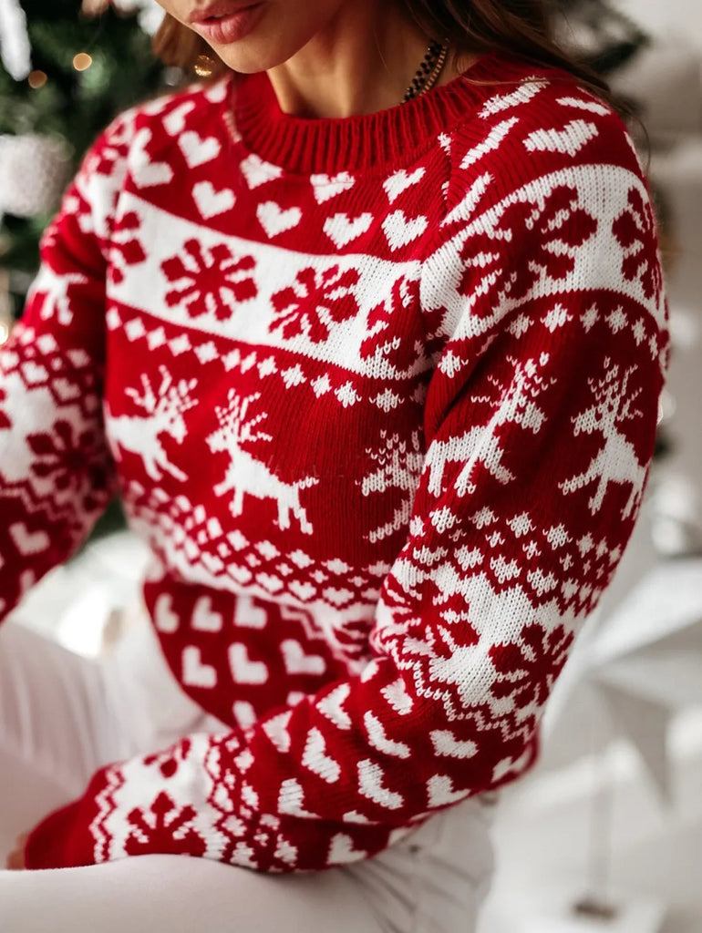 Cosy Women’s red & white, knitted Christmas jumper with reindeer pattern