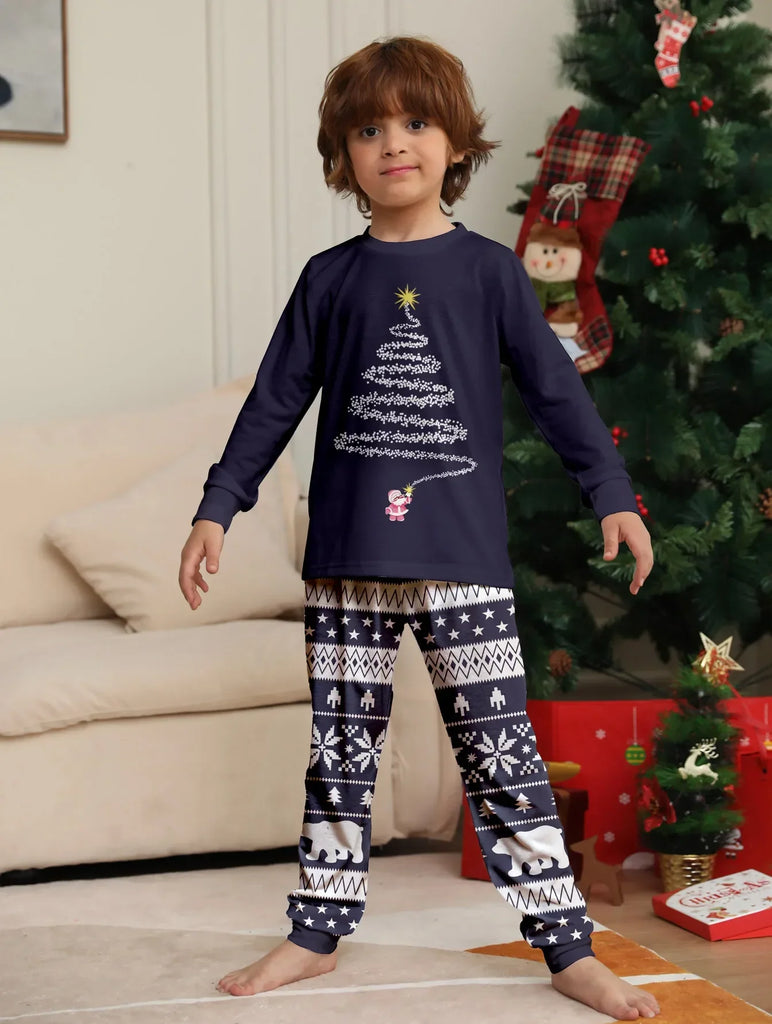 Navy holiday pyjamas with festive Christmas tree print