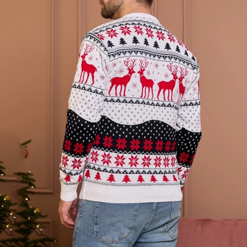 Festive red jumper with deer and Christmas tree print