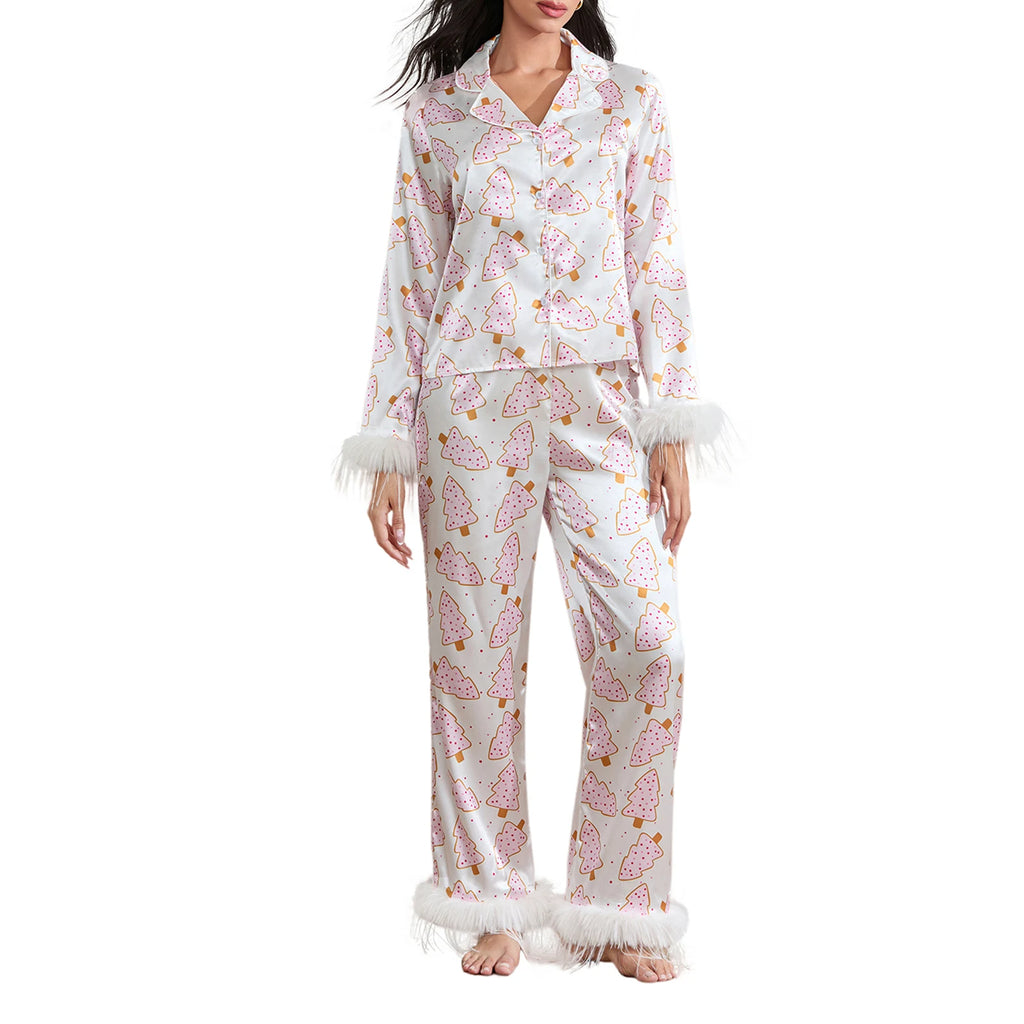 Festive Women’s pyjamas featuring a playful pink tree pattern