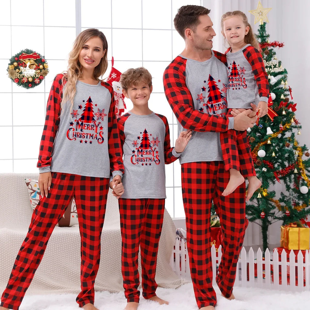 Family pyjamas with plaid and Christmas tree design