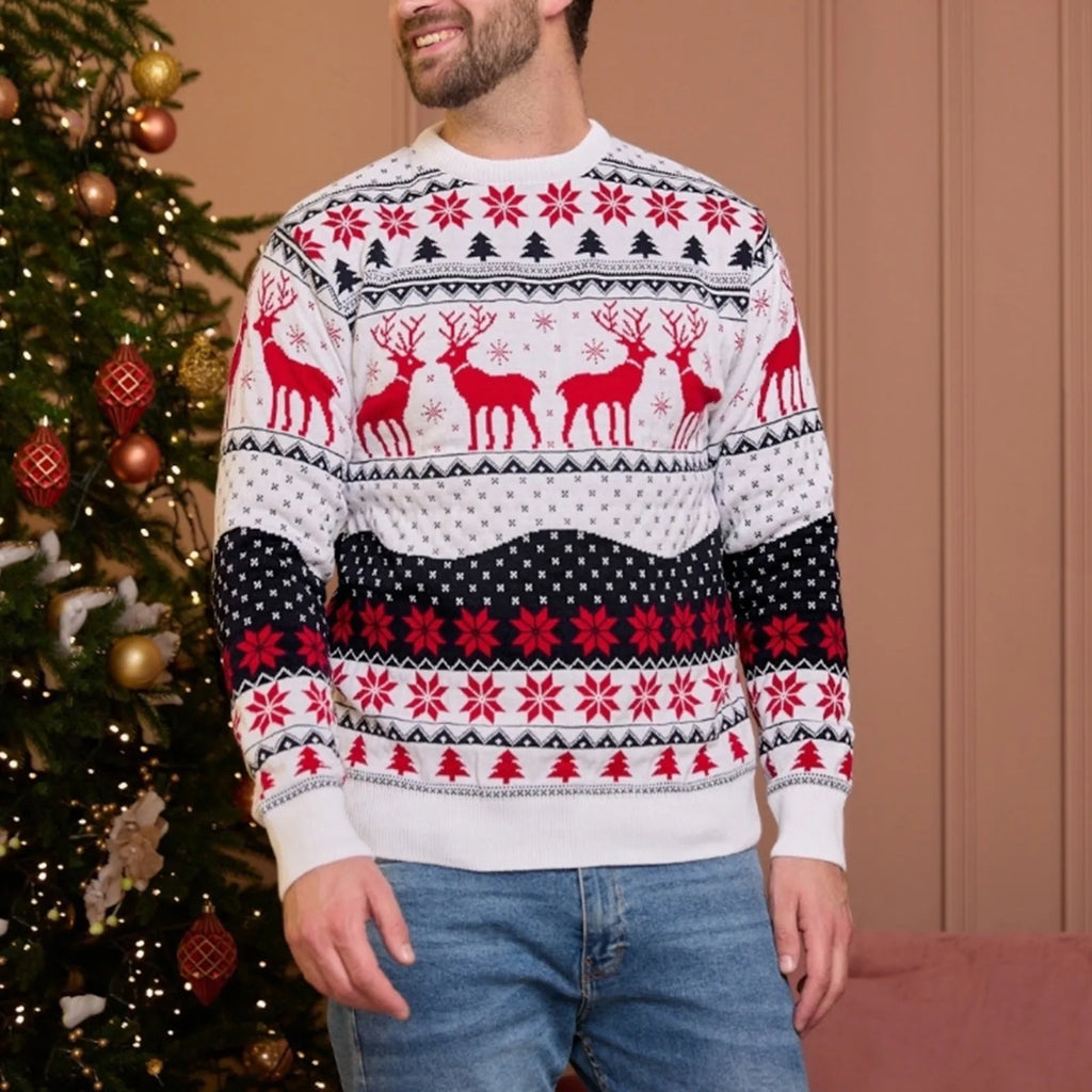 Red Christmas jumper featuring cute deer and tree design