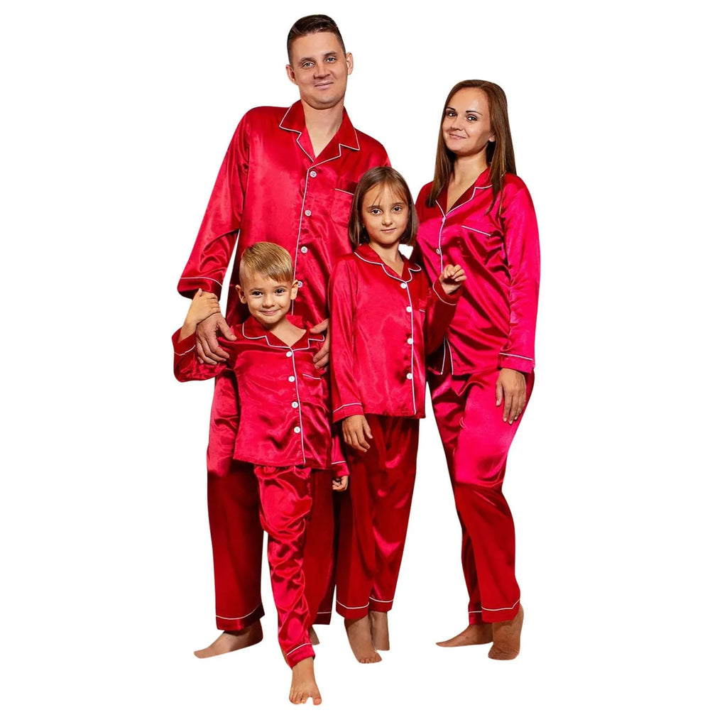 Comfortable red satin pyjamas for festive gatherings
