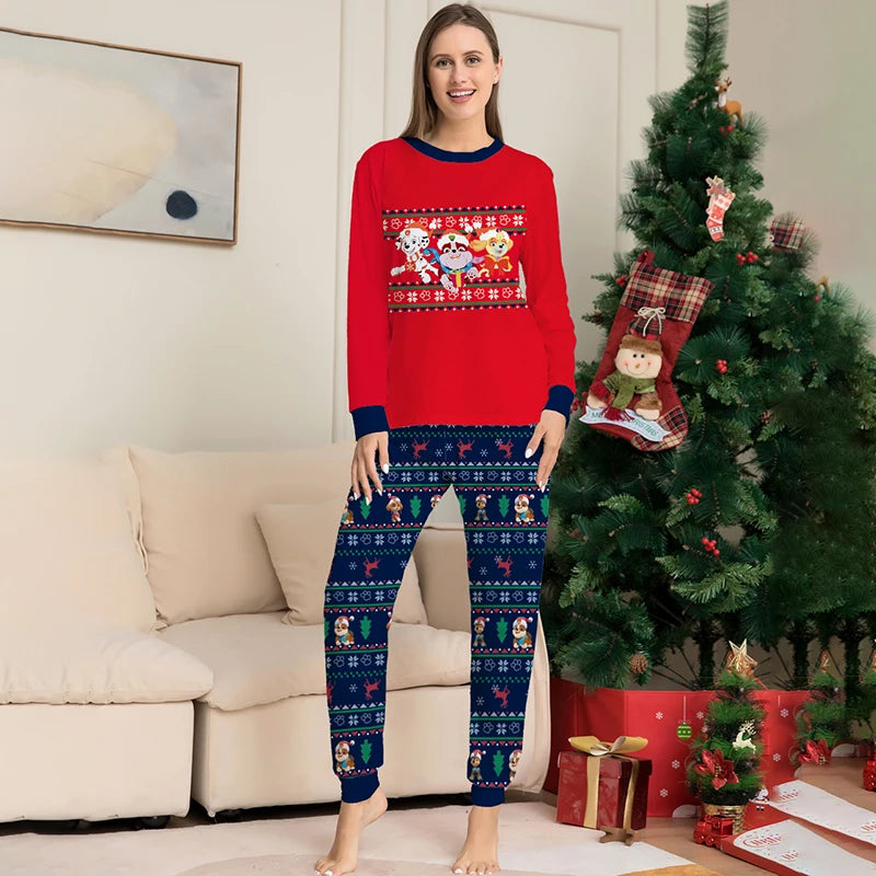 Blue pyjama set with red accents and dog print 