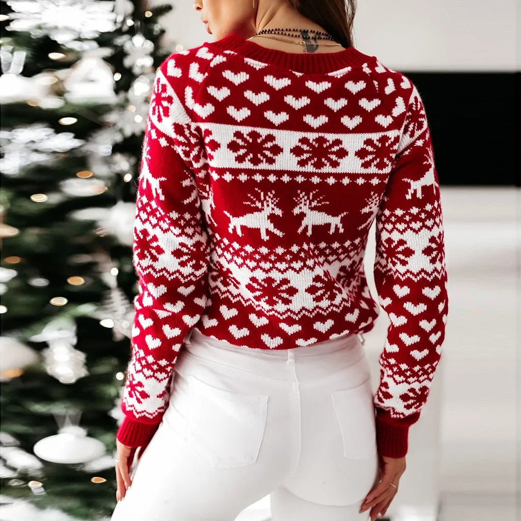 Women’s holiday jumper with reindeer motif in red, white knit