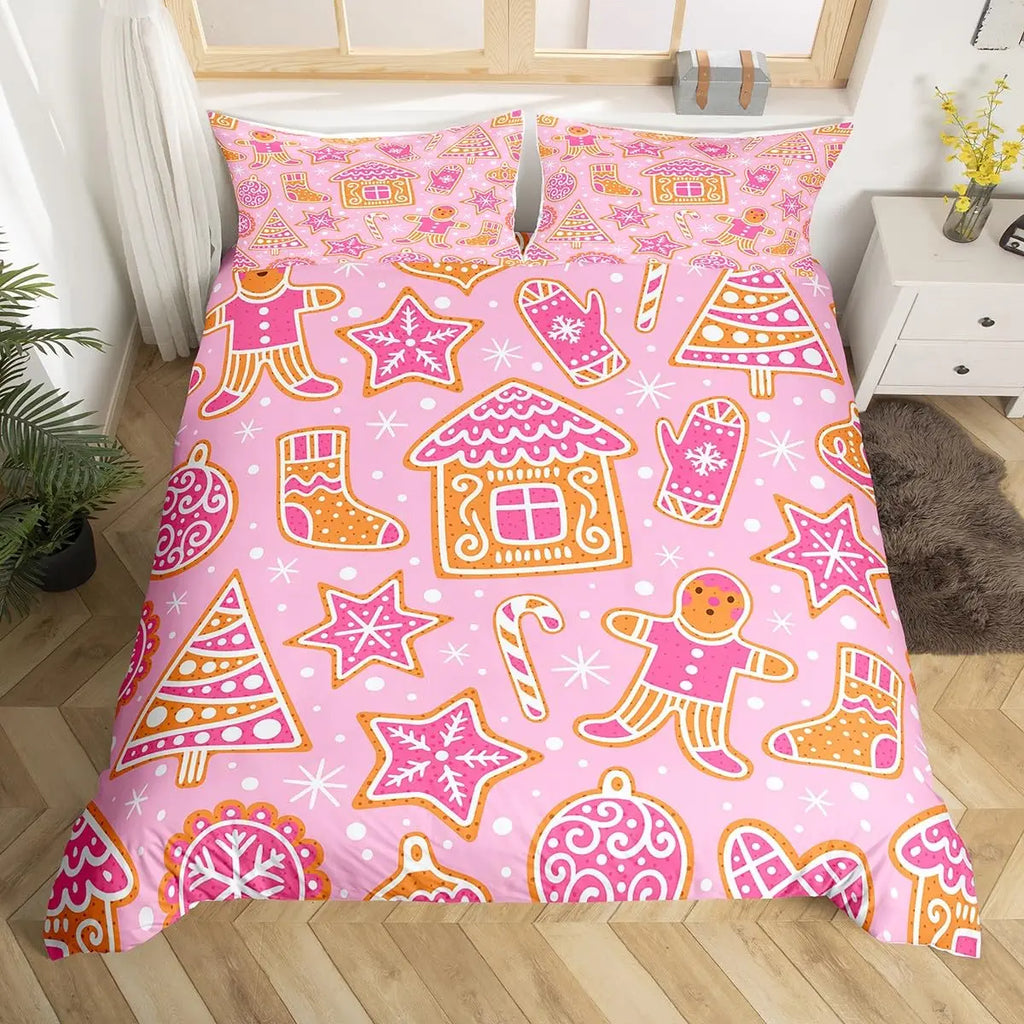 Pink Gingerbread Christmas Theme Bedding Set