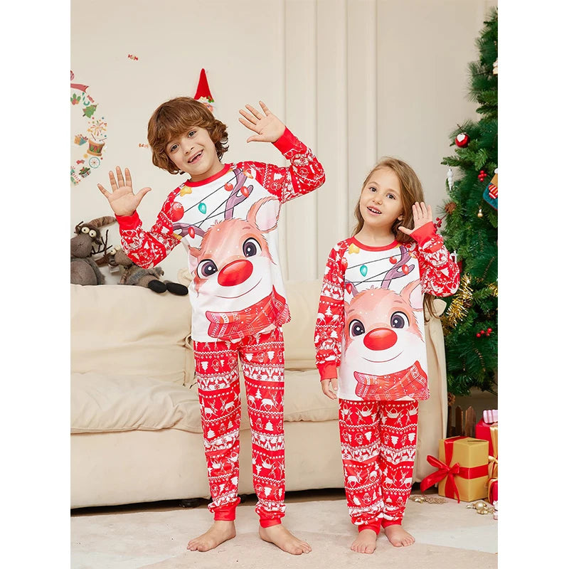 Matching holiday pyjamas featuring playful Rudolf
