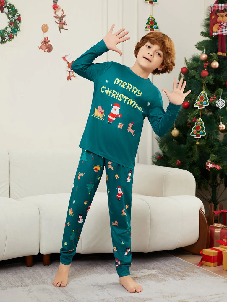 Matching Christmas pyjamas with Santa sleigh theme