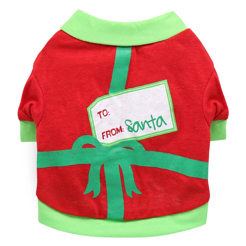 Cute Christmas present T-shirt for dogs, crafted from soft, breathable fabric for comfort.