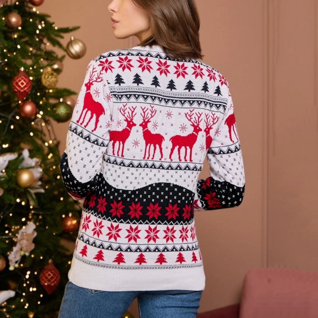 White, red and black knitted Women’s Christmas jumper with reindeer motif