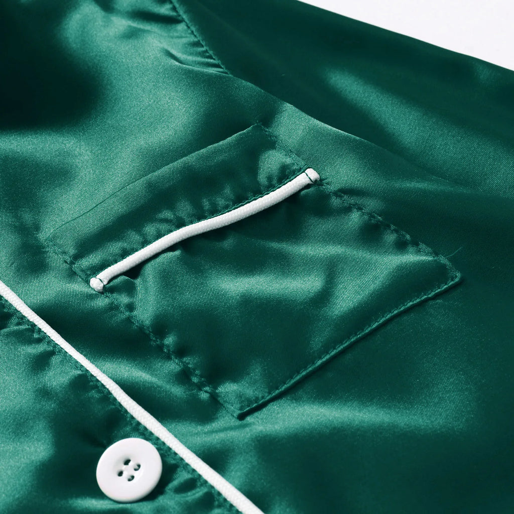 Matching holiday pyjamas with elegant green satin design