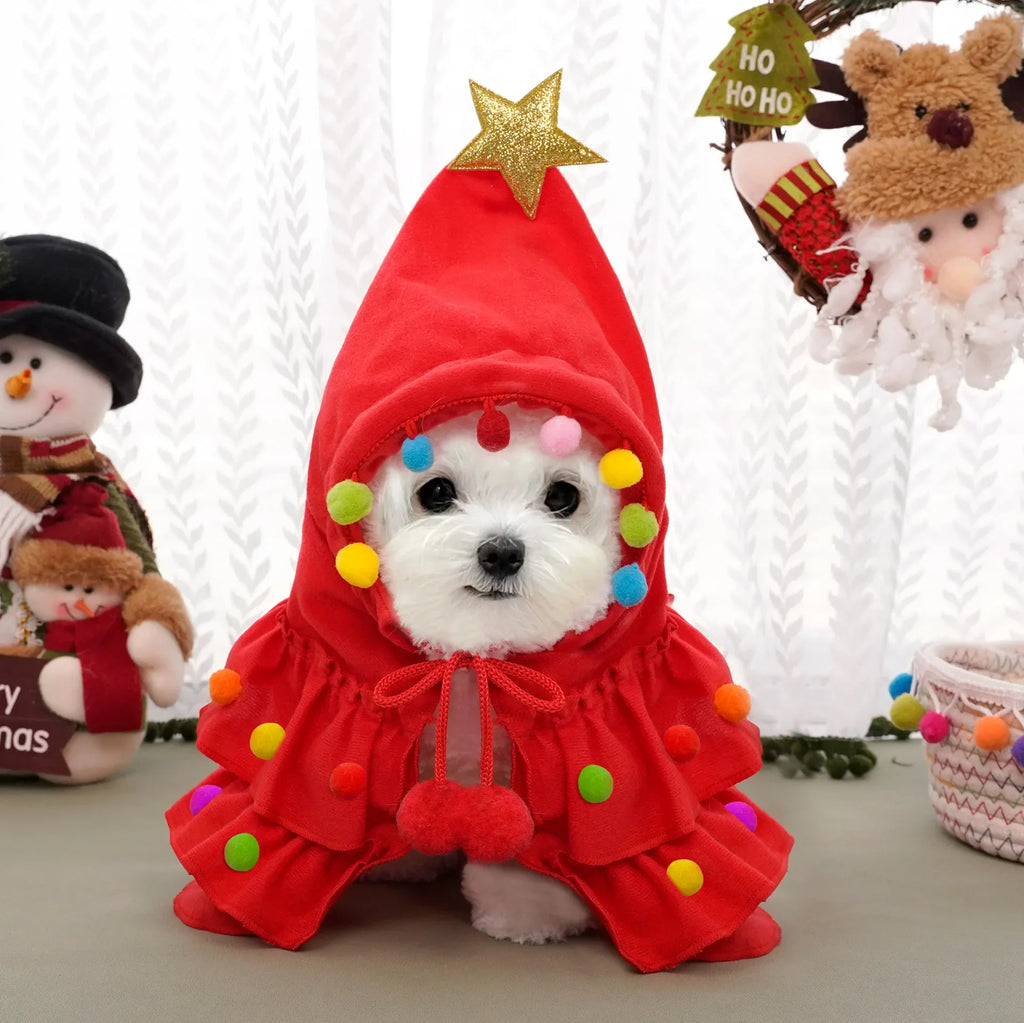 Festive Red Dog Hoodie with Christmas Tree Design